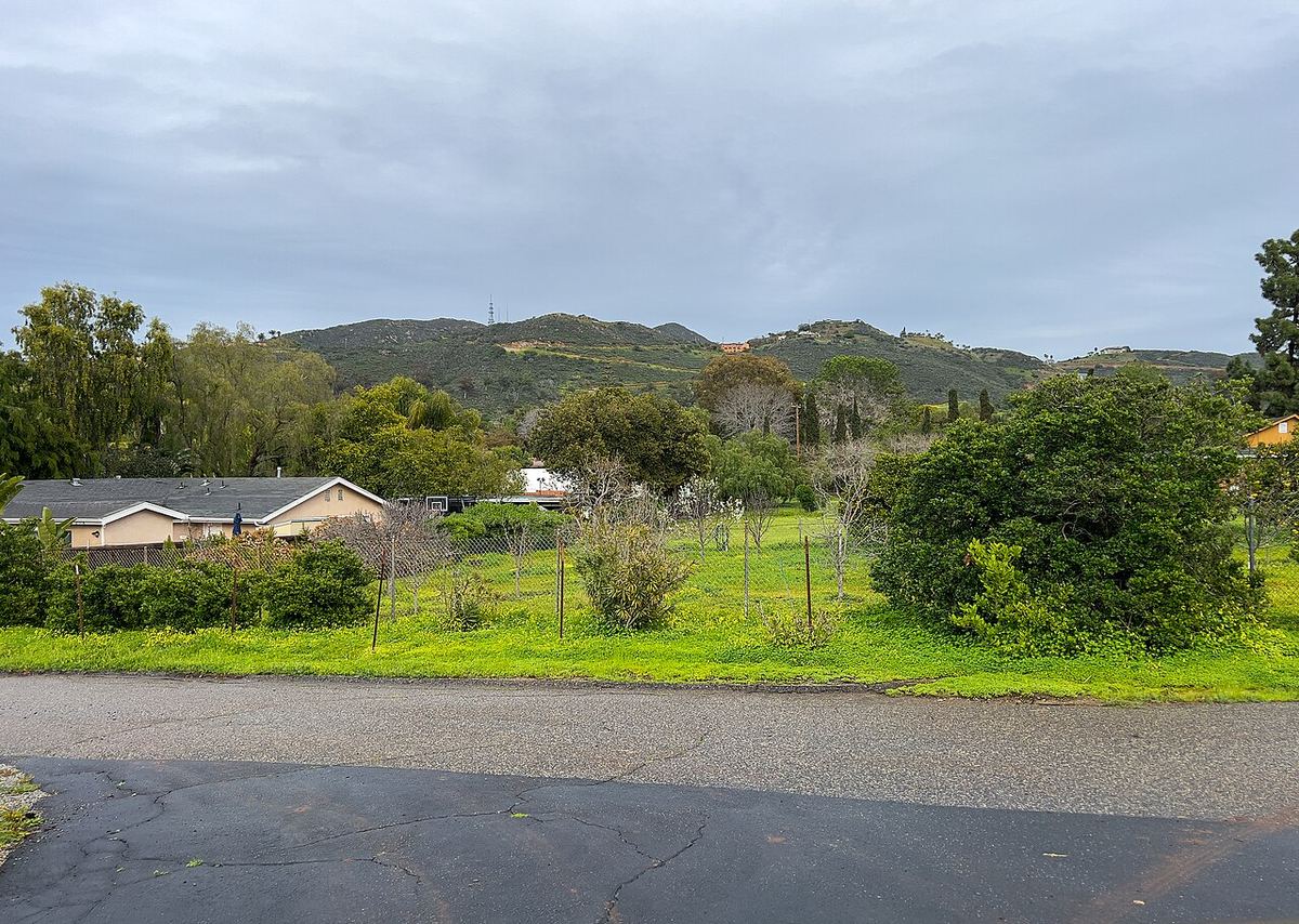 A single-storey house with a green garden in Vista, the San Marcos Mountains behind