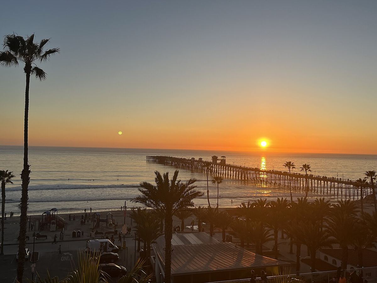 Oceanside Pier at sunset with palm trees in the foreground